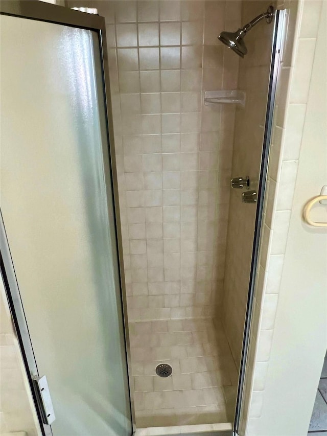 bathroom with a shower with door