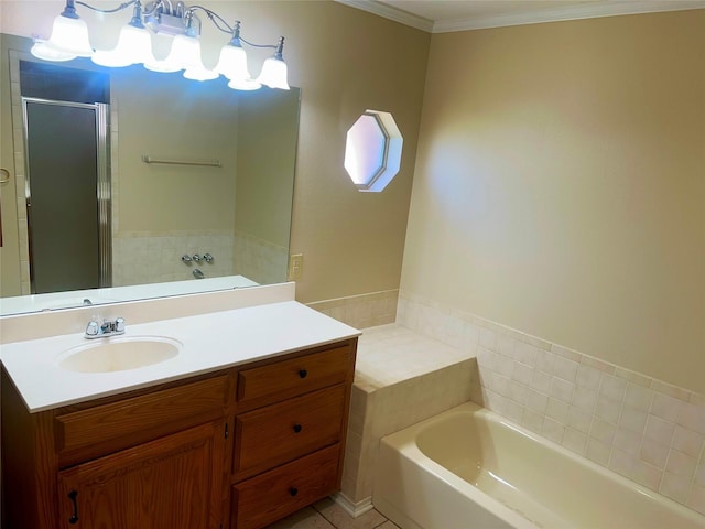 bathroom featuring vanity, separate shower and tub, and crown molding