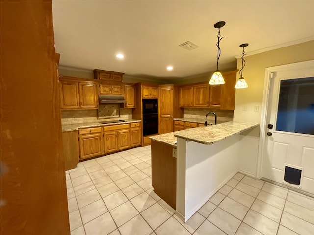 kitchen featuring a kitchen bar, light stone counters, light tile patterned floors, kitchen peninsula, and black appliances