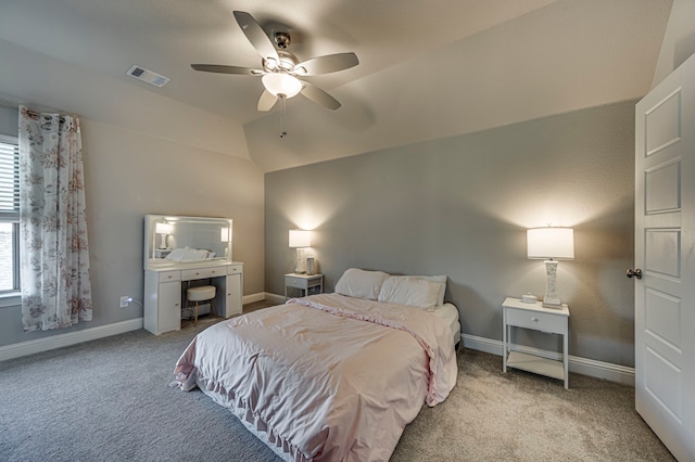 bedroom with light carpet, ceiling fan, and lofted ceiling