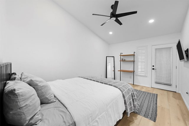 3635 Garden Brook Dr Unit 1200, Farmers Branch, TX 75234 - bedroom with vaulted ceiling, recessed lighting, wood finished floors, a ceiling fan, and baseboards