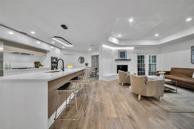 living room with a fireplace, light hardwood / wood-style floors, and sink