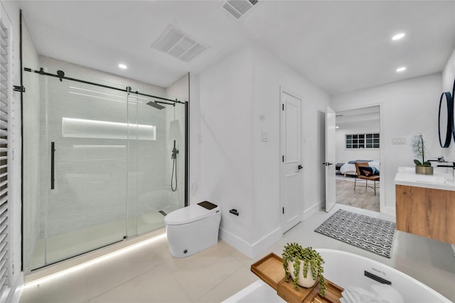 bathroom with toilet, vanity, tile patterned floors, and an enclosed shower