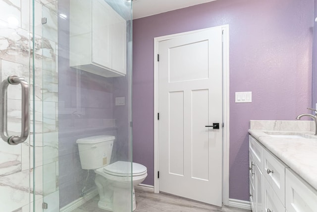 bathroom featuring vanity, hardwood / wood-style flooring, toilet, and a shower with door