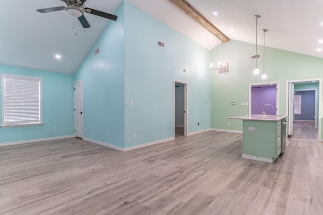 unfurnished living room with high vaulted ceiling, sink, ceiling fan, light wood-type flooring, and beam ceiling