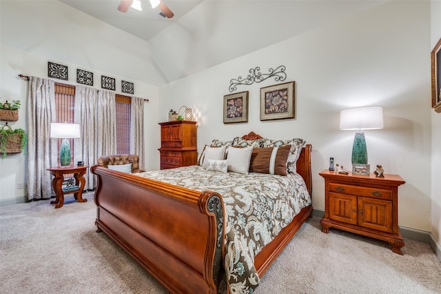 117 Woodland Dr, Krugerville, TX 76227 - bedroom featuring light carpet, high vaulted ceiling, ceiling fan, and baseboards
