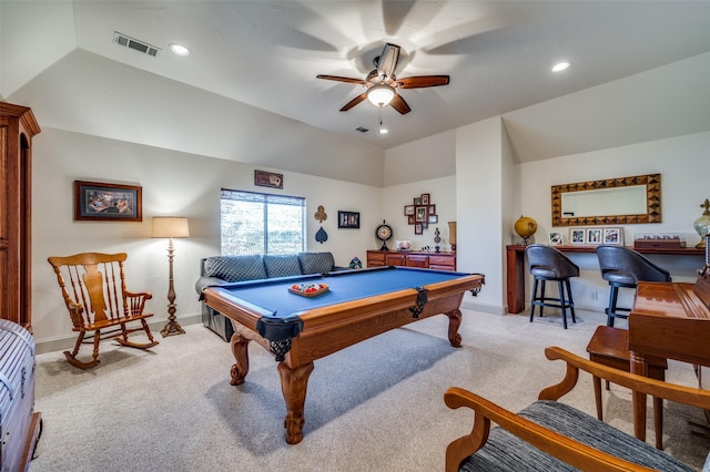 recreation room featuring light colored carpet, ceiling fan, and pool table