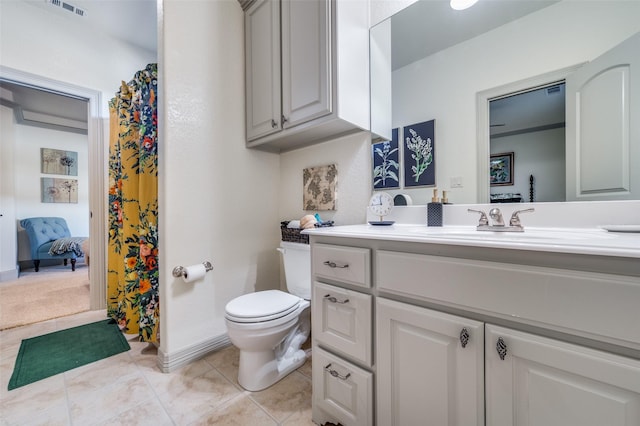 117 Woodland Dr, Krugerville, TX 76227 - full bathroom featuring toilet, vanity, tile patterned flooring, baseboards, and a shower with shower curtain