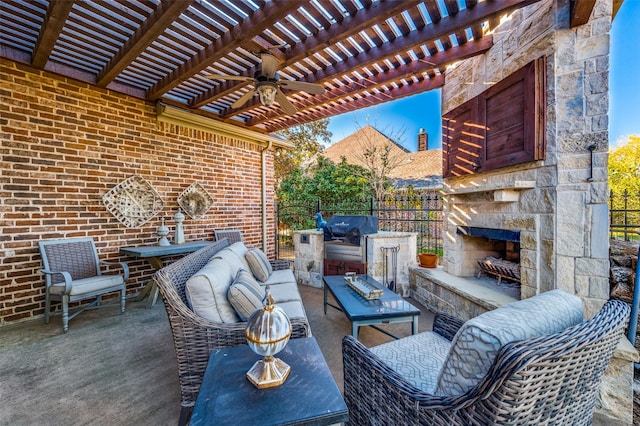 117 Woodland Dr, Krugerville, TX 76227 - view of patio featuring area for grilling, an outdoor living space with a fireplace, a pergola, and a ceiling fan