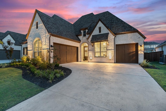 french country style house featuring a lawn and a garage