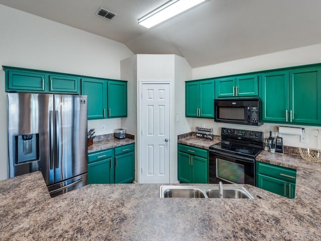 kitchen with black appliances, light stone countertops, lofted ceiling, and green cabinetry