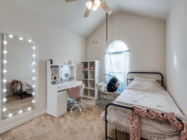 carpeted bedroom with high vaulted ceiling and ceiling fan