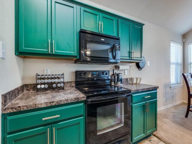 kitchen featuring light colored carpet, green cabinetry, lofted ceiling, and black appliances