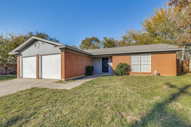 ranch-style home featuring a garage and a front lawn