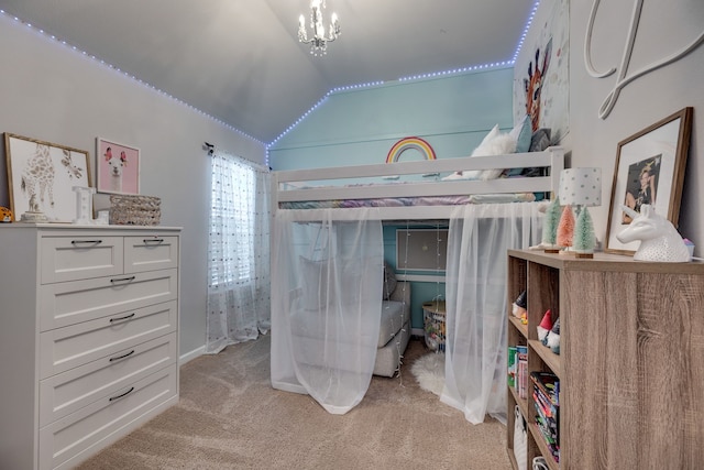 bedroom with light colored carpet, lofted ceiling, and an inviting chandelier