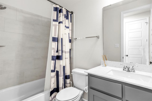 full bathroom featuring toilet, vanity, and shower / tub combo with curtain