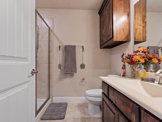 bathroom with tile patterned floors, toilet, an enclosed shower, and vanity