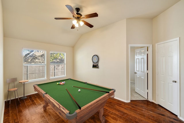 recreation room featuring dark hardwood / wood-style floors, ceiling fan, lofted ceiling, and pool table