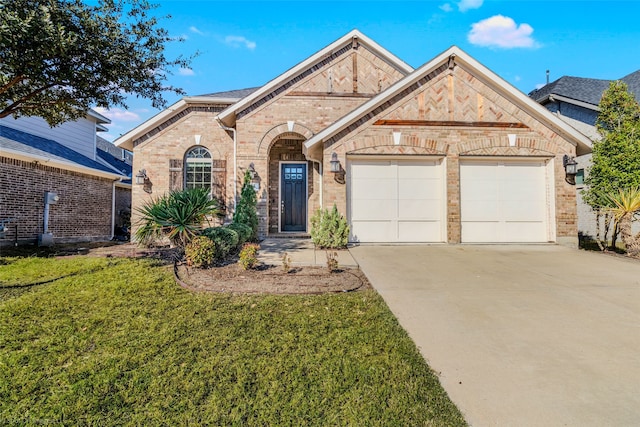 view of front of property with a garage and a front lawn