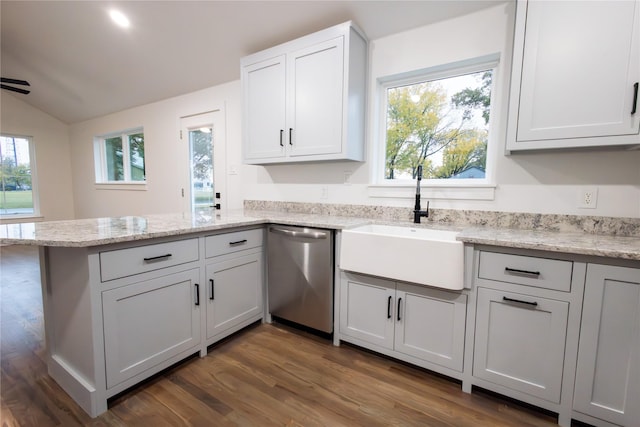 kitchen with kitchen peninsula, dishwasher, dark wood-type flooring, and plenty of natural light