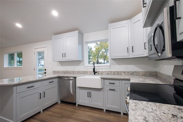 kitchen with stainless steel appliances, dark hardwood / wood-style floors, a healthy amount of sunlight, and sink