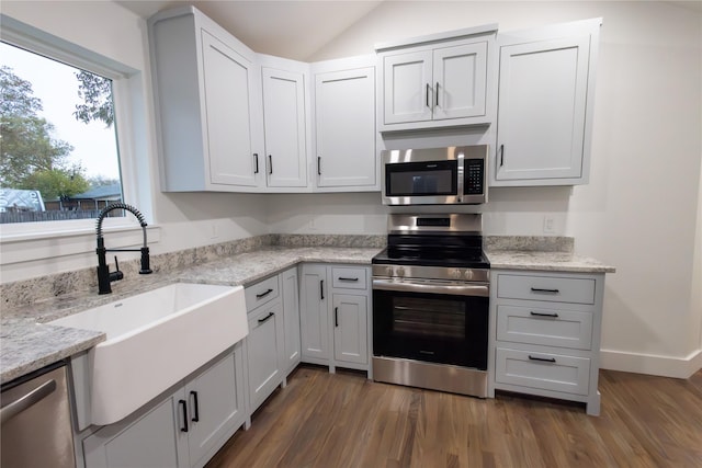 kitchen featuring sink, dark wood-type flooring, stainless steel appliances, light stone counters, and lofted ceiling