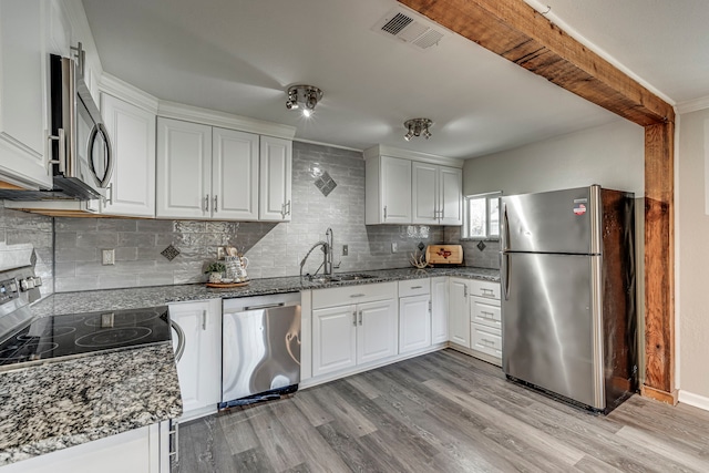 kitchen with sink, stainless steel appliances, light hardwood / wood-style flooring, backsplash, and white cabinets