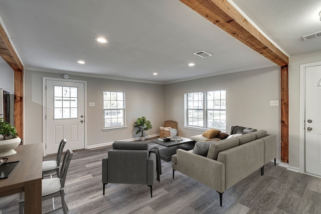 living room featuring beamed ceiling, wood-type flooring, and ornamental molding