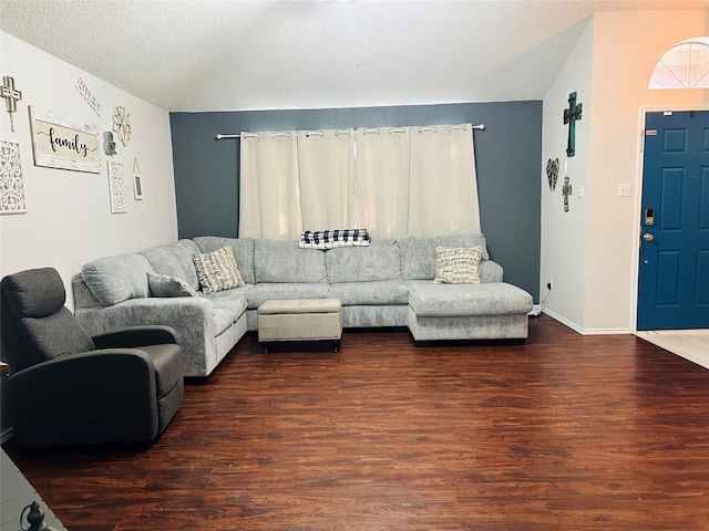 living room with wood-type flooring and a textured ceiling