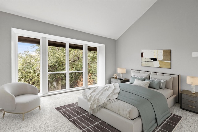 bedroom featuring carpet and vaulted ceiling