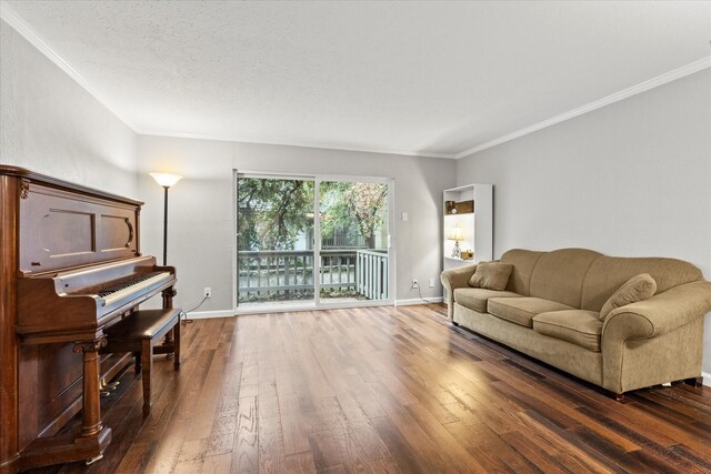 living room featuring a textured ceiling, crown molding, and dark wood-type flooring