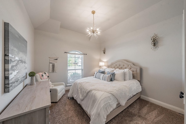 carpeted bedroom with a chandelier