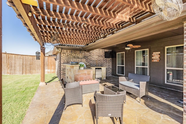 view of patio / terrace with ceiling fan, a grill, and a pergola