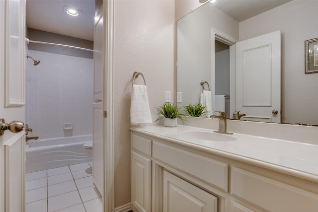 full bathroom featuring shower / bathing tub combination, tile patterned flooring, vanity, and toilet