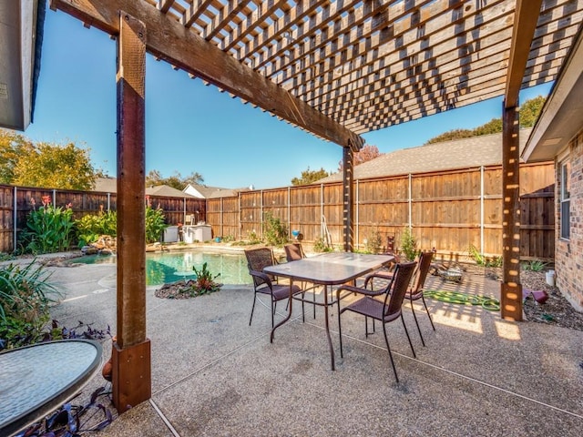 view of patio with a fenced in pool and a pergola