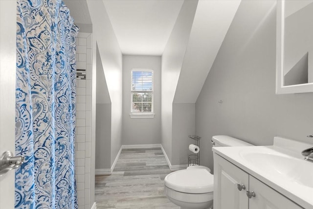 bathroom with vanity, hardwood / wood-style floors, a shower with shower curtain, and toilet