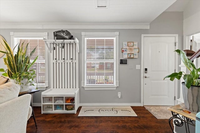 entryway with dark hardwood / wood-style flooring, a wealth of natural light, and ornamental molding