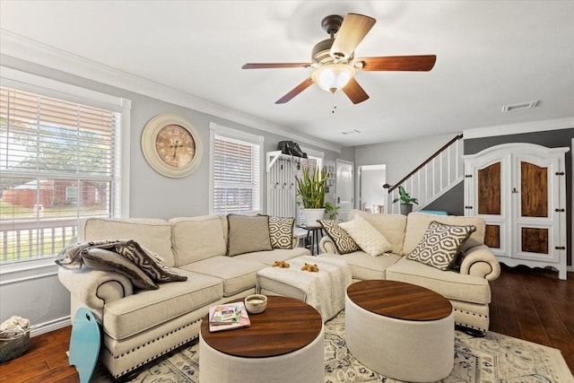 living room with ornamental molding, ceiling fan, and dark hardwood / wood-style flooring