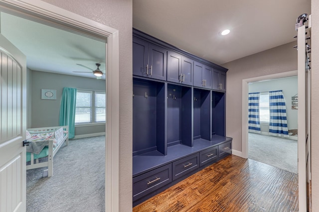 mudroom featuring dark hardwood / wood-style floors and ceiling fan