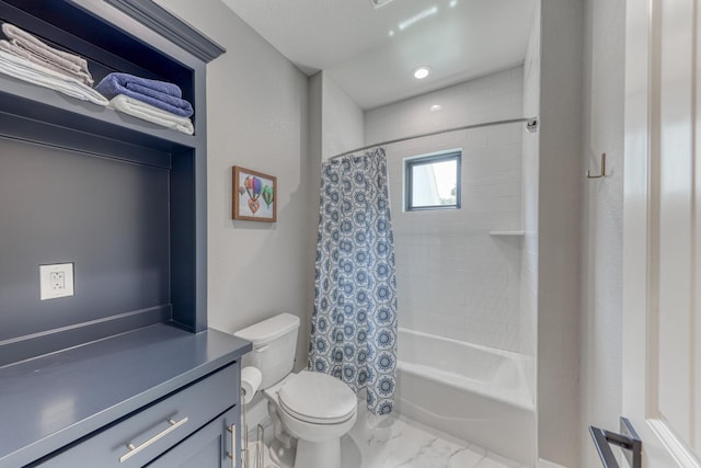 bathroom with toilet and shower / tub combo with curtain