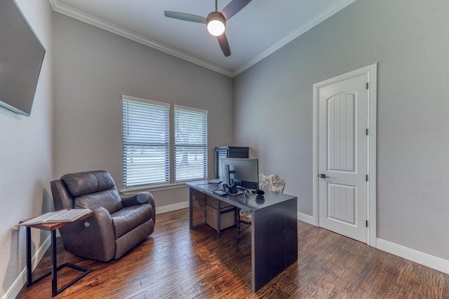 home office featuring ceiling fan, ornamental molding, and dark wood-type flooring