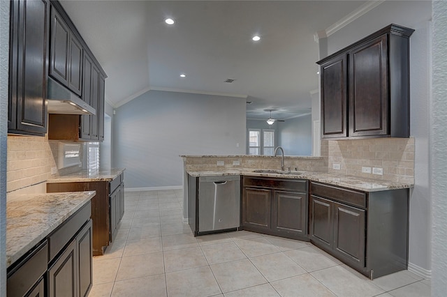 kitchen with crown molding, light tile patterned floors, sink, and stainless steel dishwasher