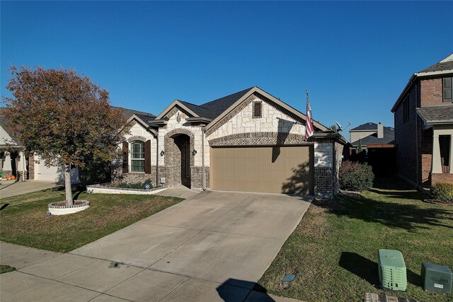 french country inspired facade with a garage and a front yard