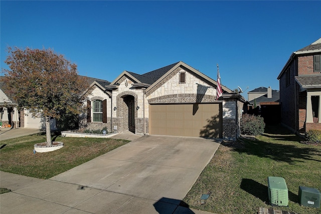 french country style house with a front lawn and a garage