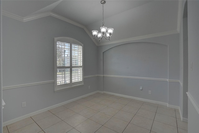 unfurnished room with an inviting chandelier, lofted ceiling, crown molding, and light tile patterned flooring