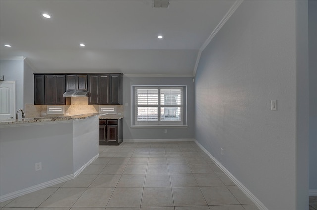 kitchen featuring sink, backsplash, light stone counters, light tile patterned floors, and crown molding