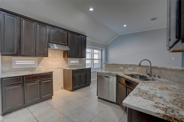 kitchen with dark brown cabinets, sink, dishwasher, and vaulted ceiling