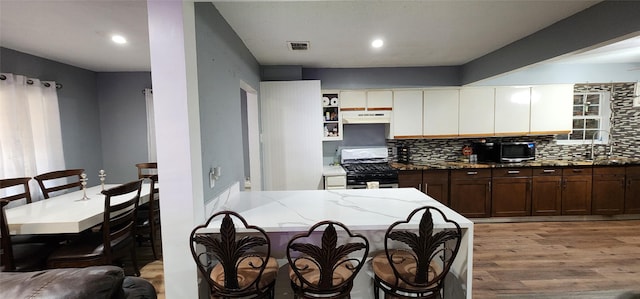 kitchen with sink, stainless steel appliances, tasteful backsplash, light hardwood / wood-style floors, and dark brown cabinets