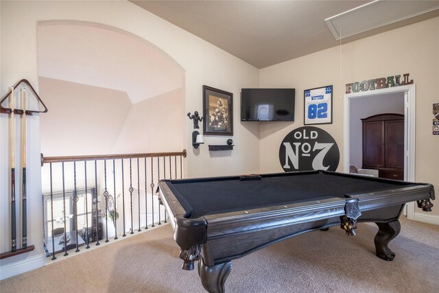 recreation room featuring carpet flooring, lofted ceiling, and billiards