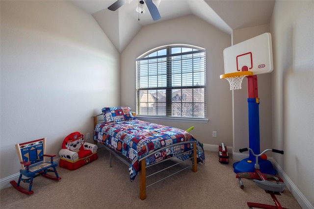 bedroom with carpet, ceiling fan, and lofted ceiling